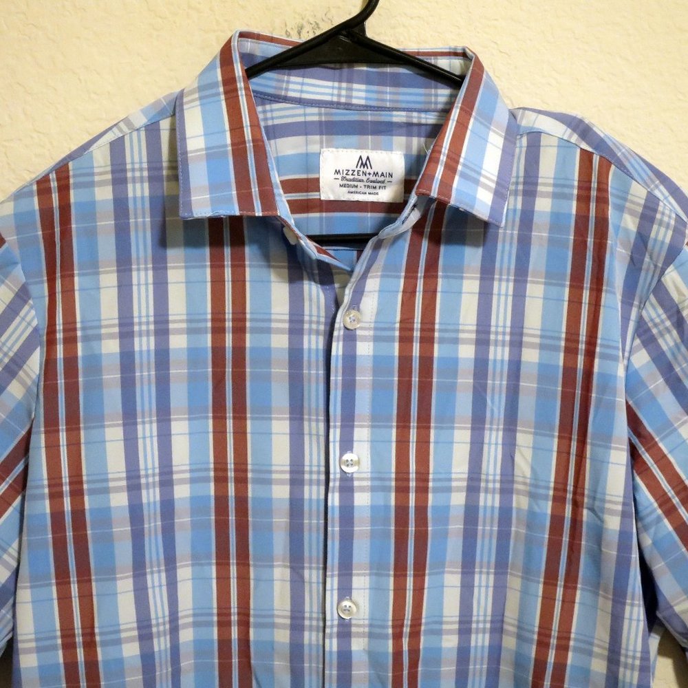 Mizzen Main Mens Long Sleeve Button Shirt Size Medium Blue White Red Stripes